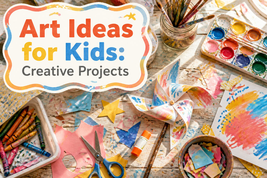 Various colorful art projects for kids arranged on a table in sunlight.