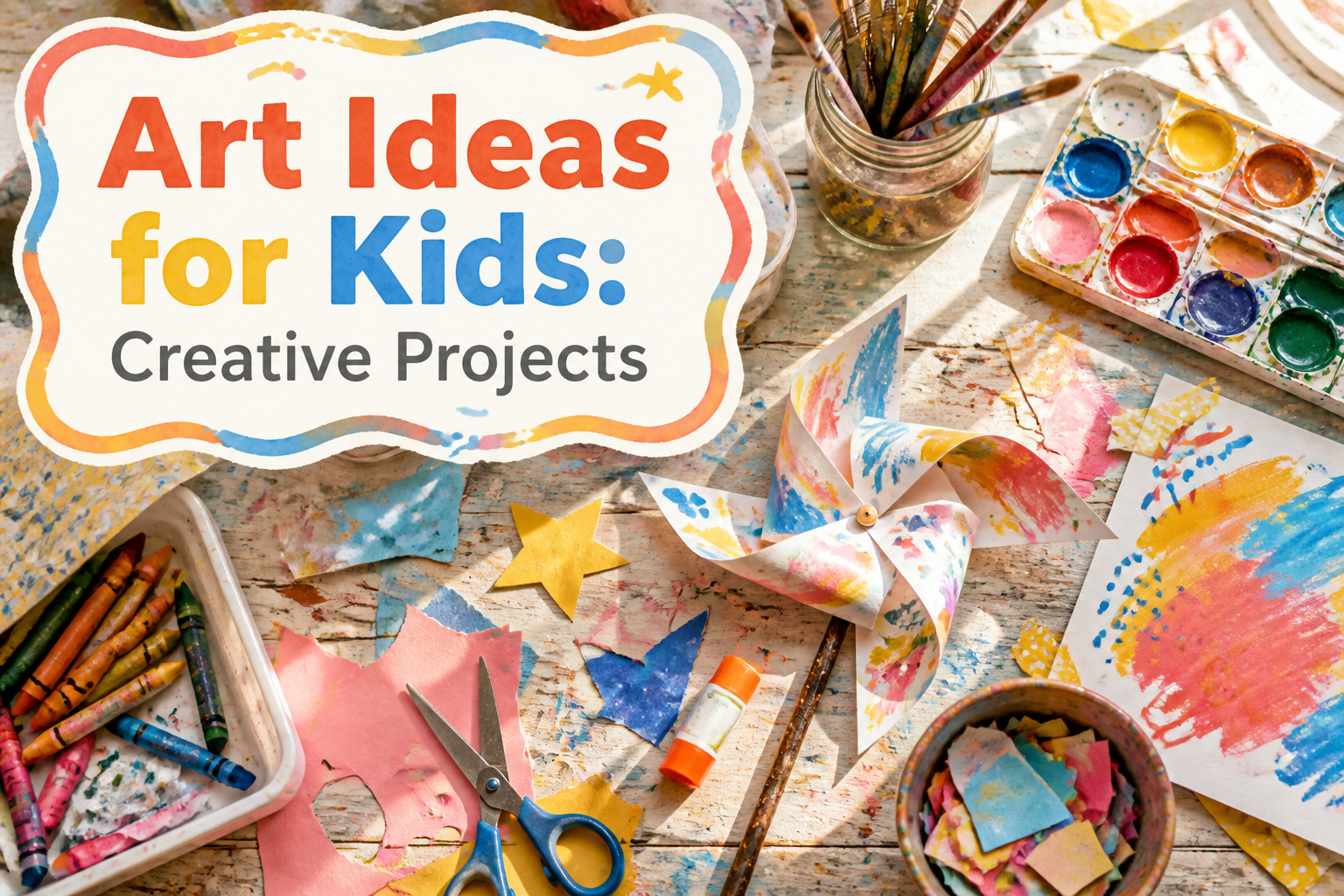 Various colorful art projects for kids arranged on a table in sunlight.