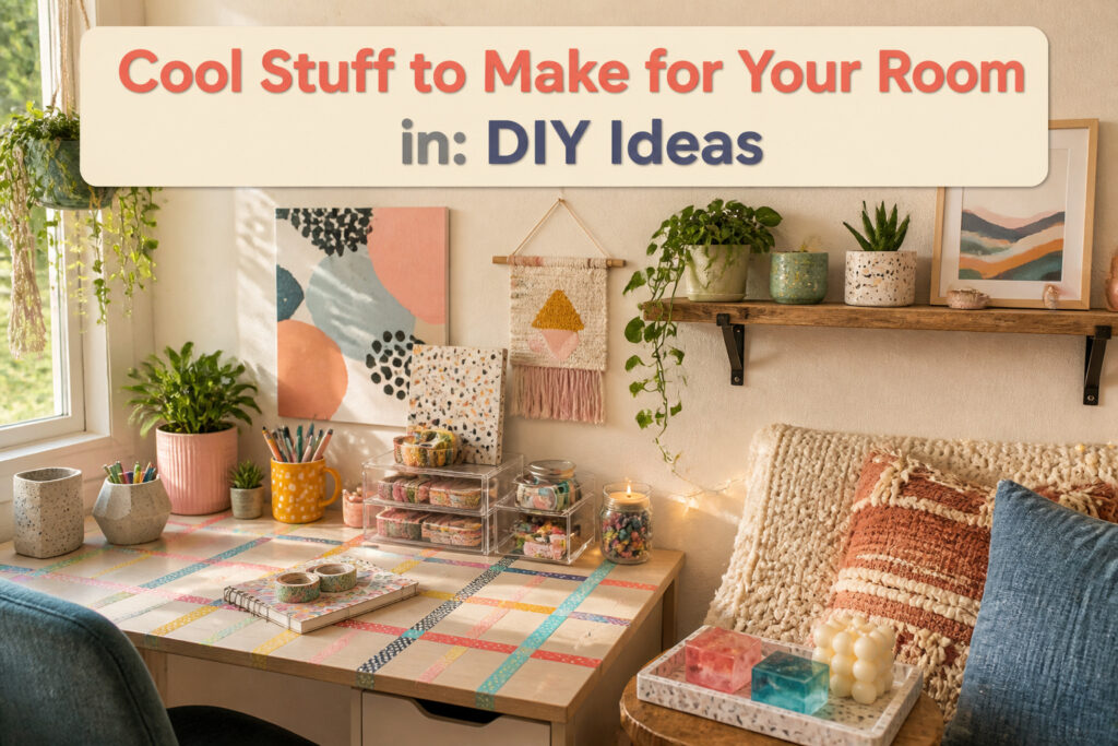 Various DIY room decor ideas including candle molds, embroidery, and wall art.