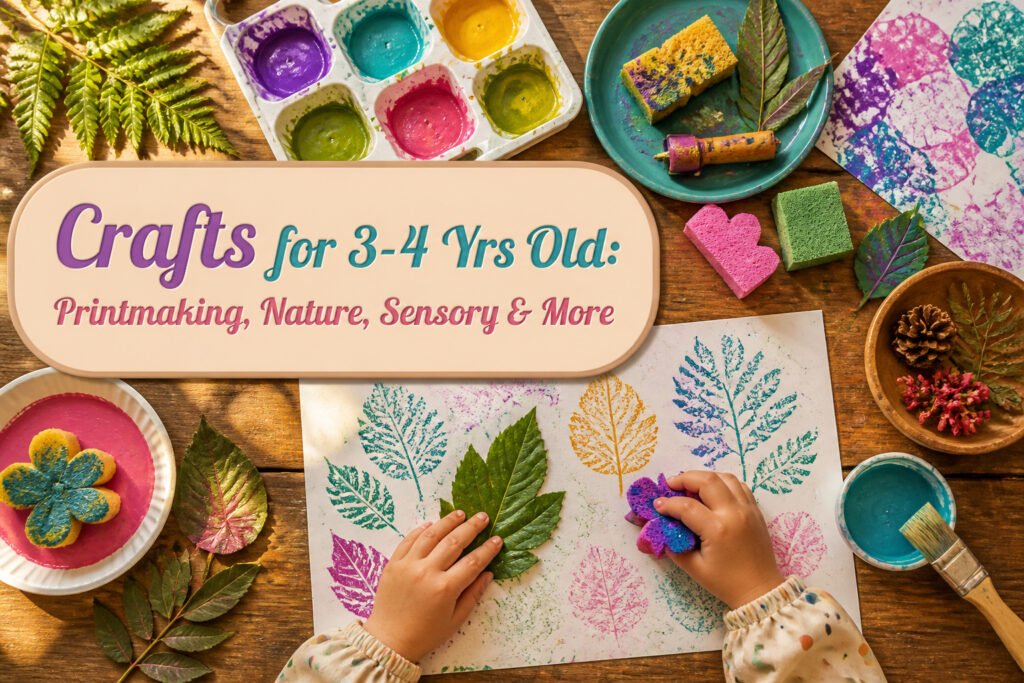 An array of crafts and art supplies for children, including paint and paper.