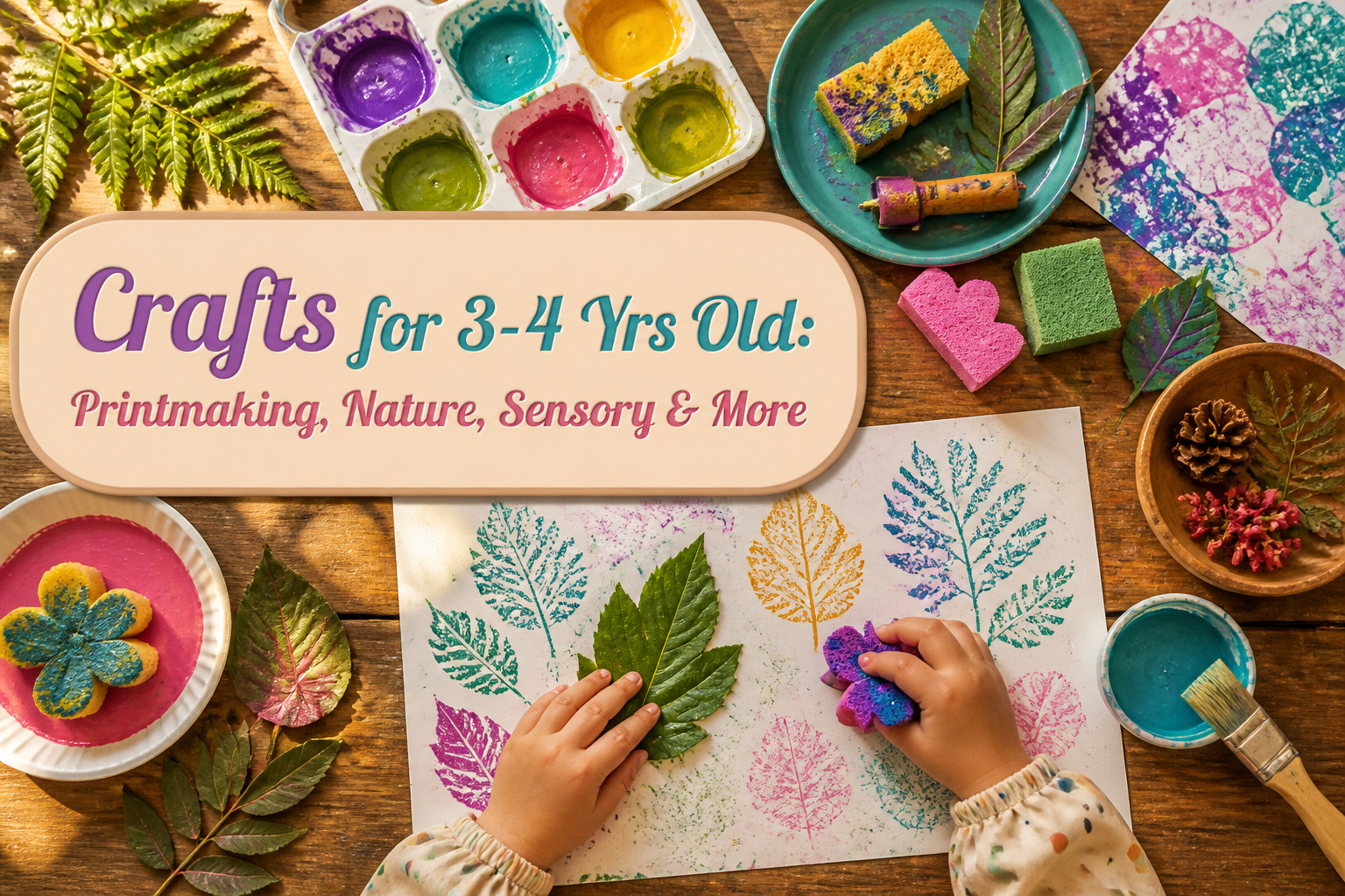 An array of crafts and art supplies for children, including paint and paper.