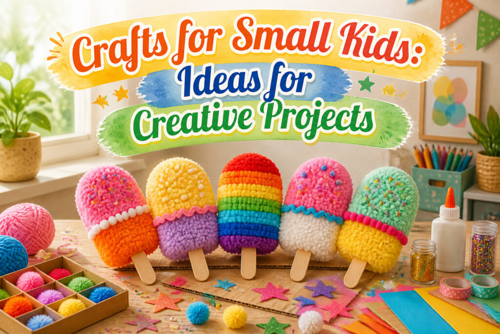 Various craft supplies and projects for small children displayed on a table.