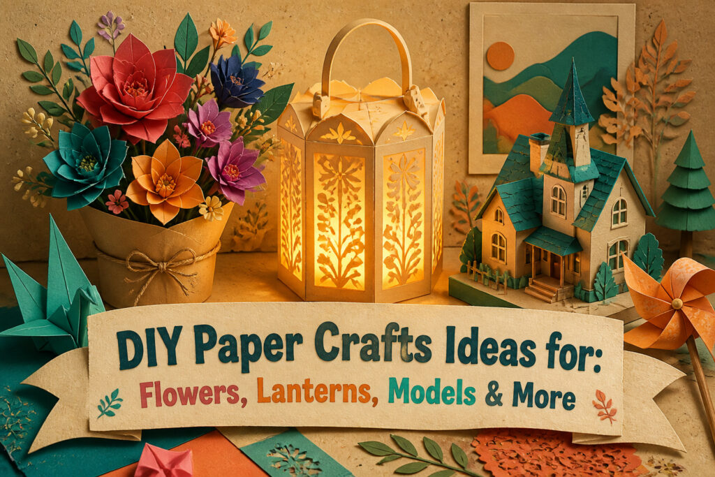 Colorful DIY paper crafts including flowers, butterflies, and lanterns.