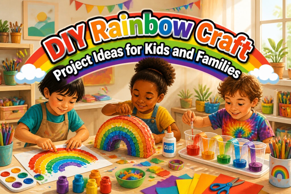 Various rainbow crafts created by children, showcasing creativity and fun.