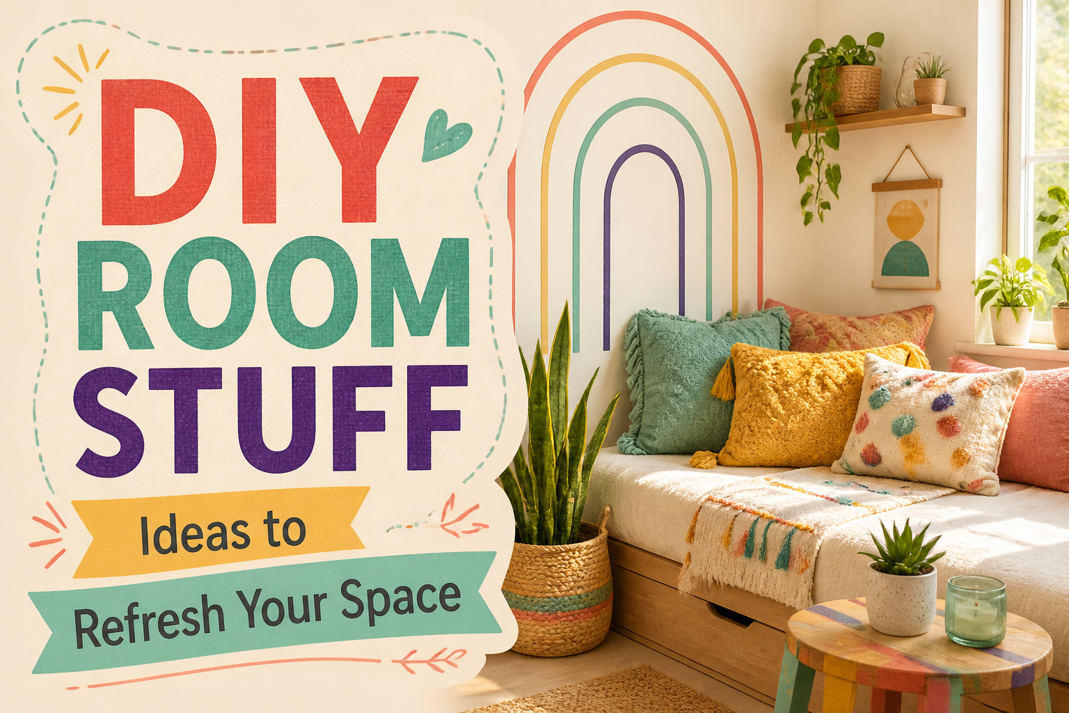 A decorated room featuring various DIY decor projects.