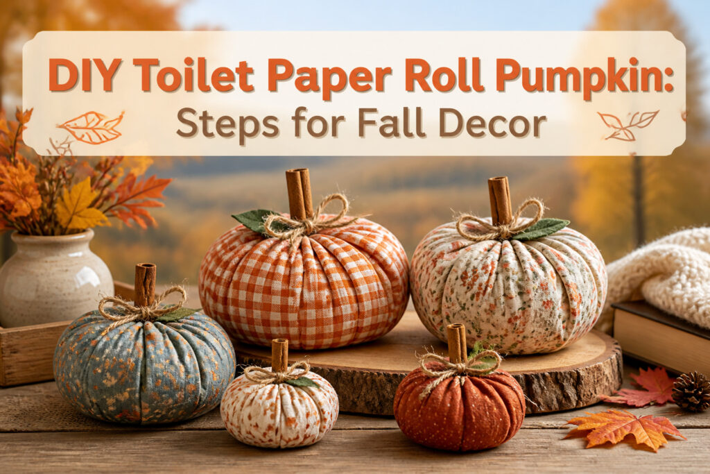 A finished pumpkin made from a toilet paper roll and orange fabric.