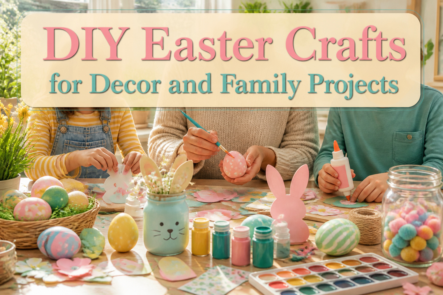 Various DIY Easter crafts displayed, including eggs and decorations.