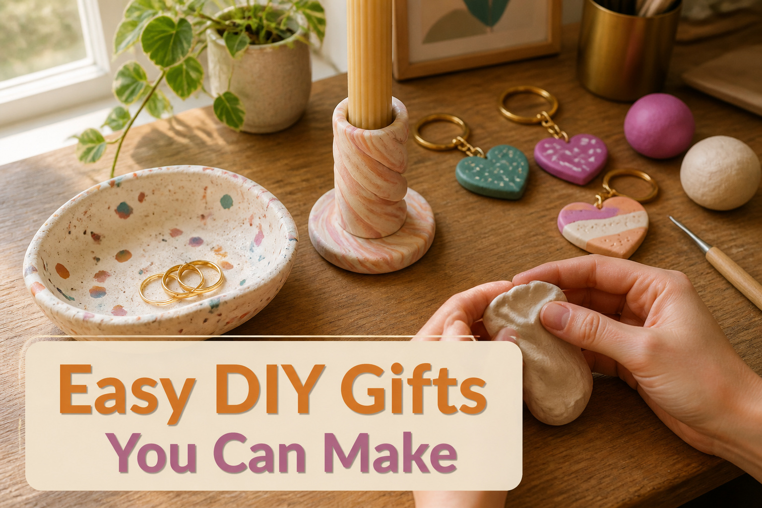 Assorted DIY gift ideas including clay, painted items, and stationery.