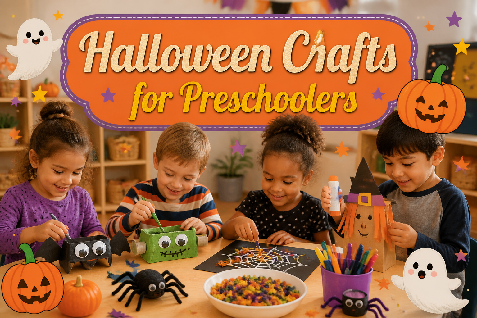 Various Halloween crafts made by preschoolers displayed on a table.
