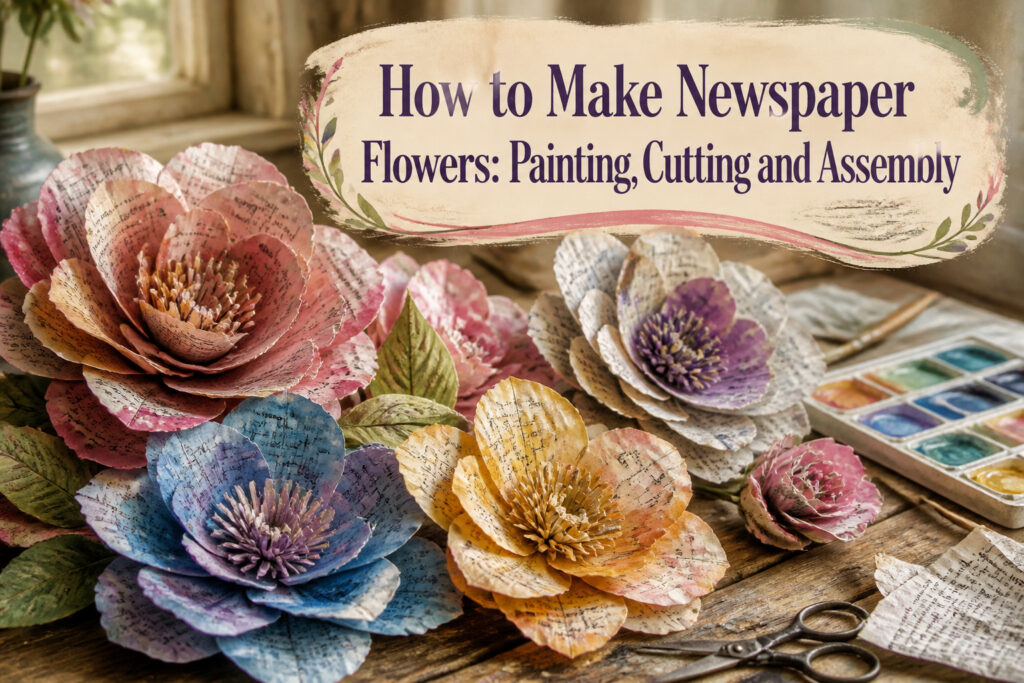 Assorted supplies for making newspaper flowers including paint and scissors.