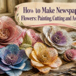 Assorted supplies for making newspaper flowers including paint and scissors.