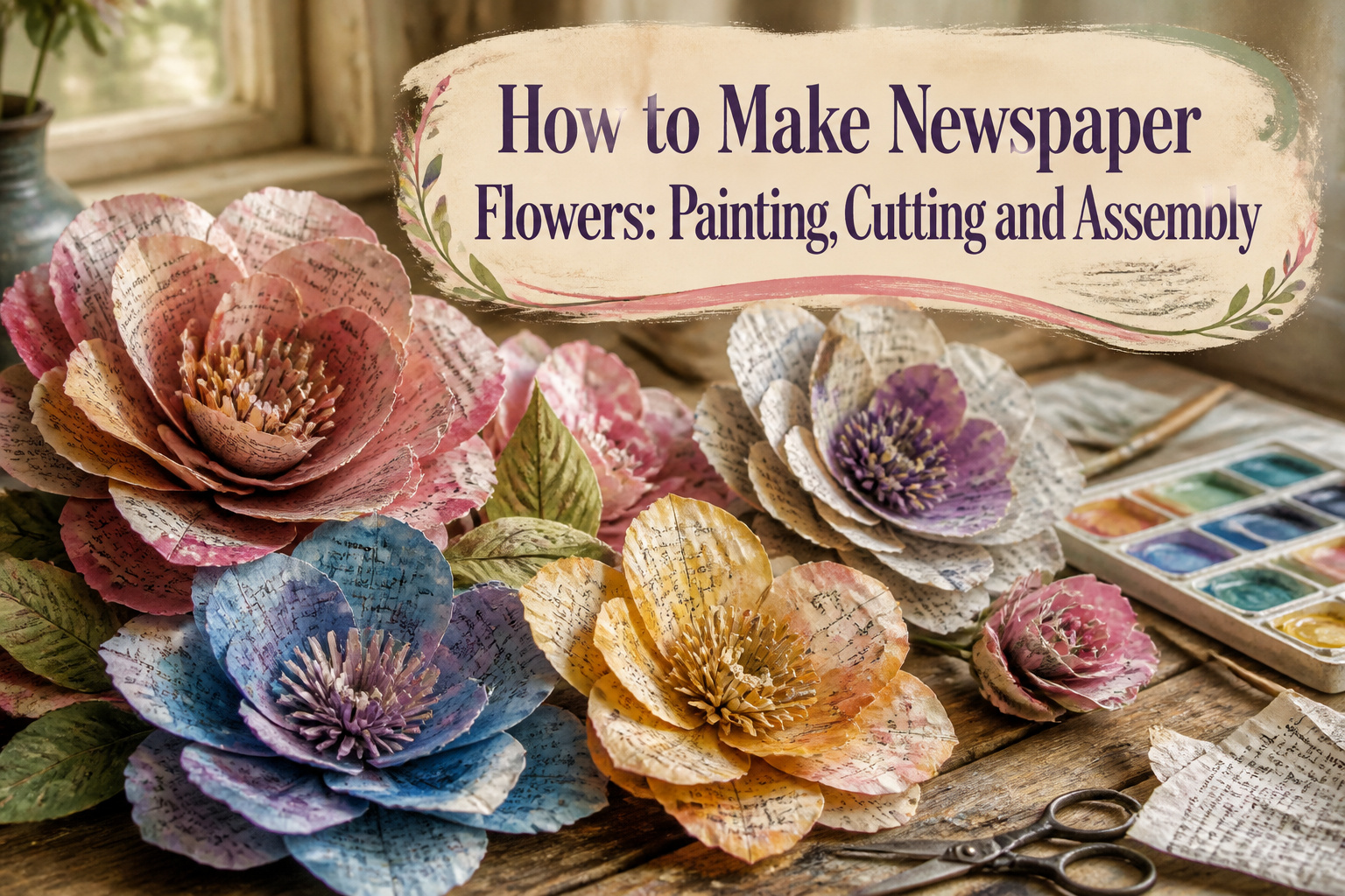 Assorted supplies for making newspaper flowers including paint and scissors.