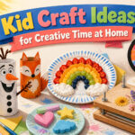 A variety of craft supplies including paper, markers, and scissors on a table.
