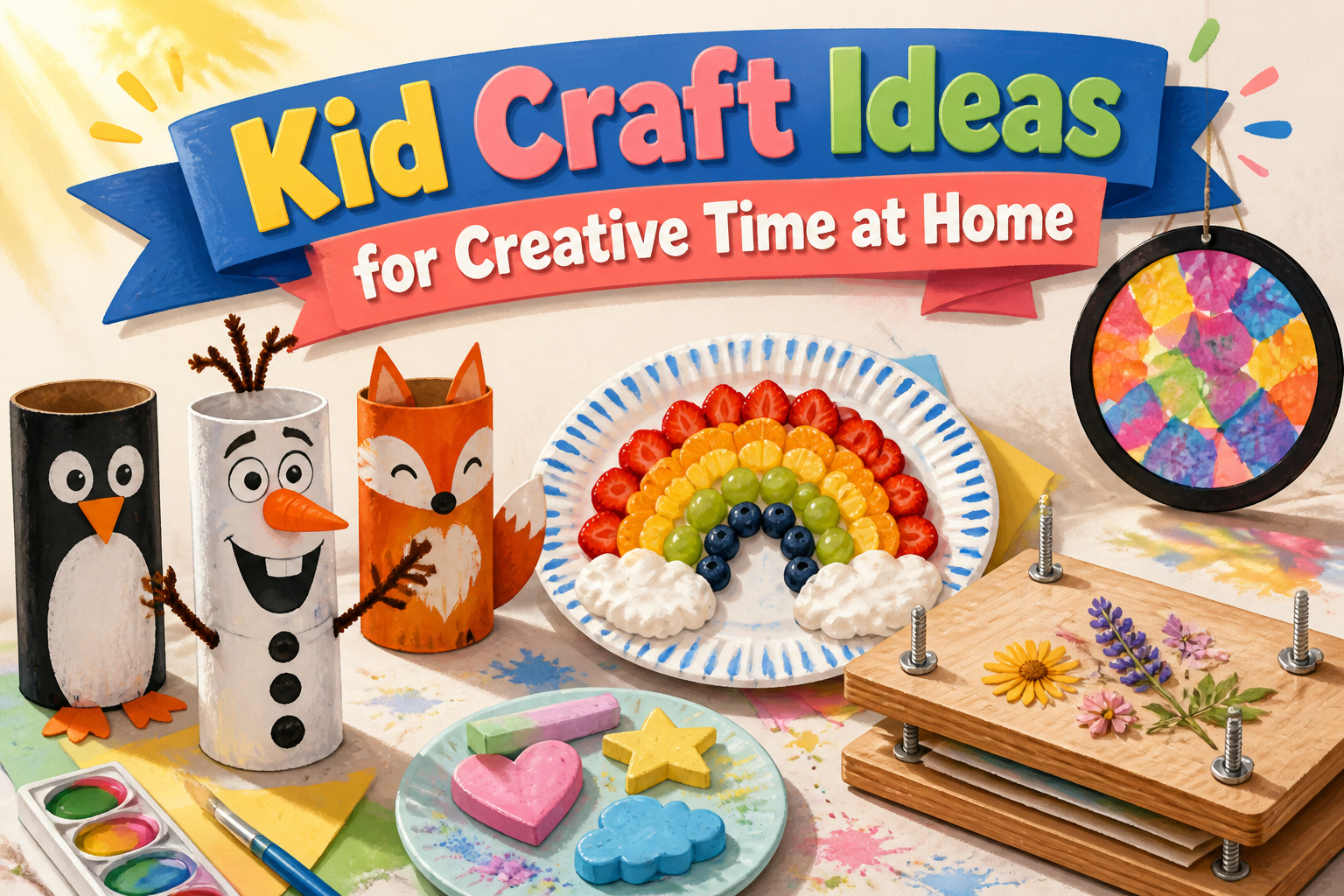 A variety of craft supplies including paper, markers, and scissors on a table.