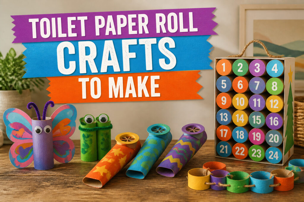 A variety of crafts made from toilet paper rolls displayed together.