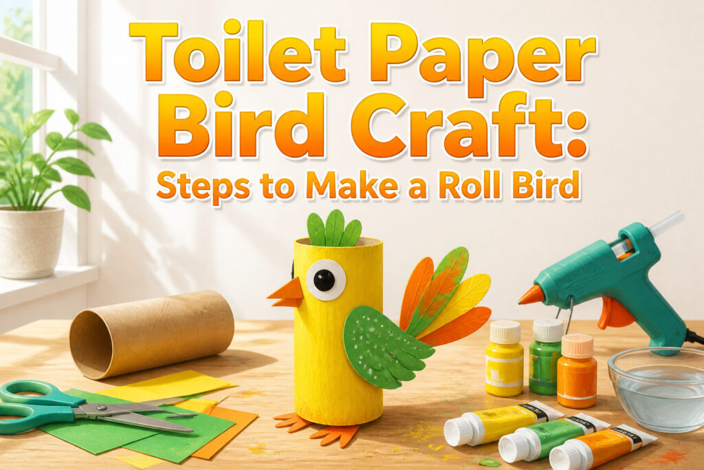 A completed toilet paper bird with a rounded head and painted body.