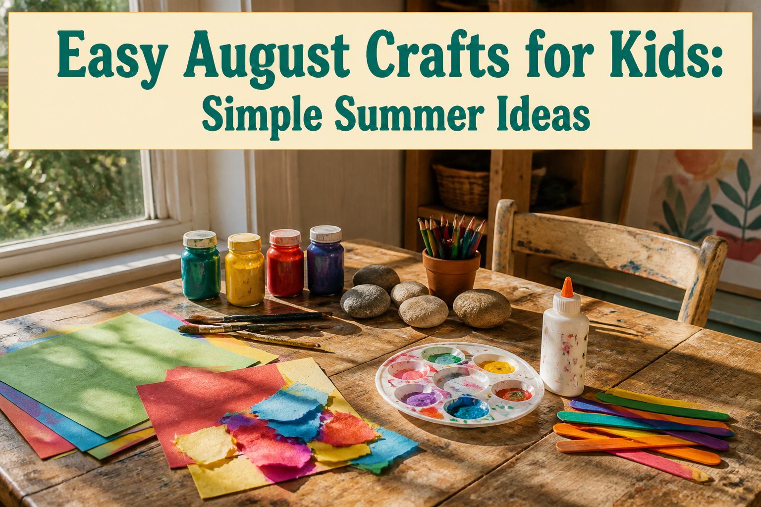 Various colorful crafts for kids displayed on a table.