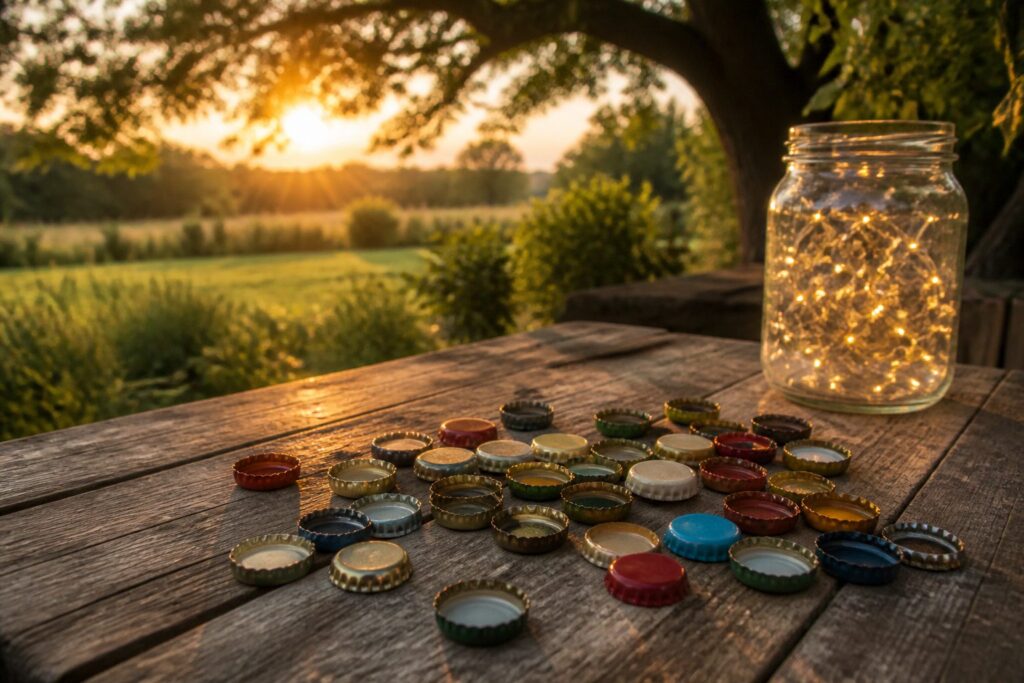 Various bottle cap crafts displayed together, highlighting different projects.