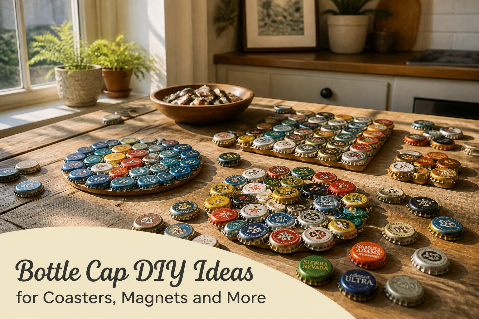Various bottle cap DIY projects displayed together for inspiration.