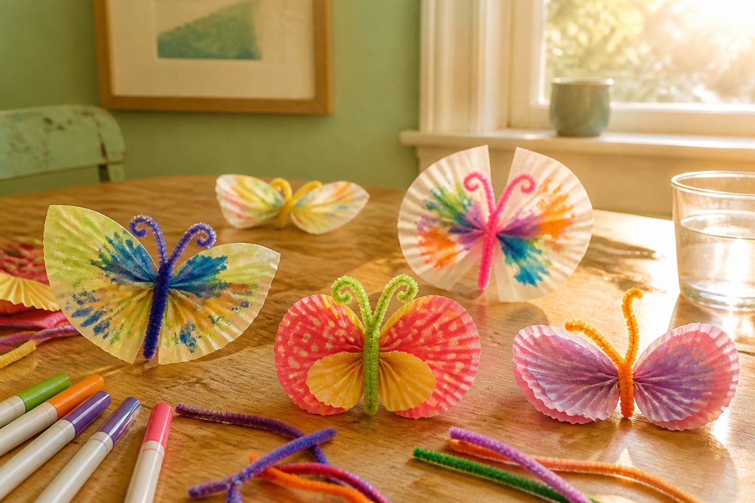 A variety of butterfly crafts made from paper and other materials.