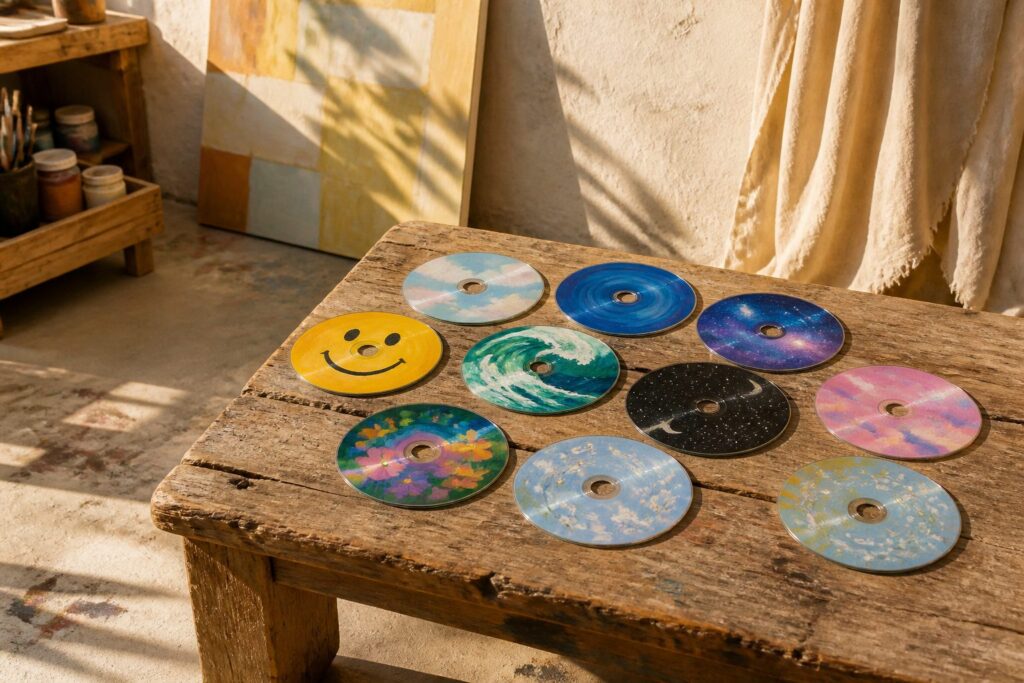 Multiple painted CDs display diverse artistic designs and colors.