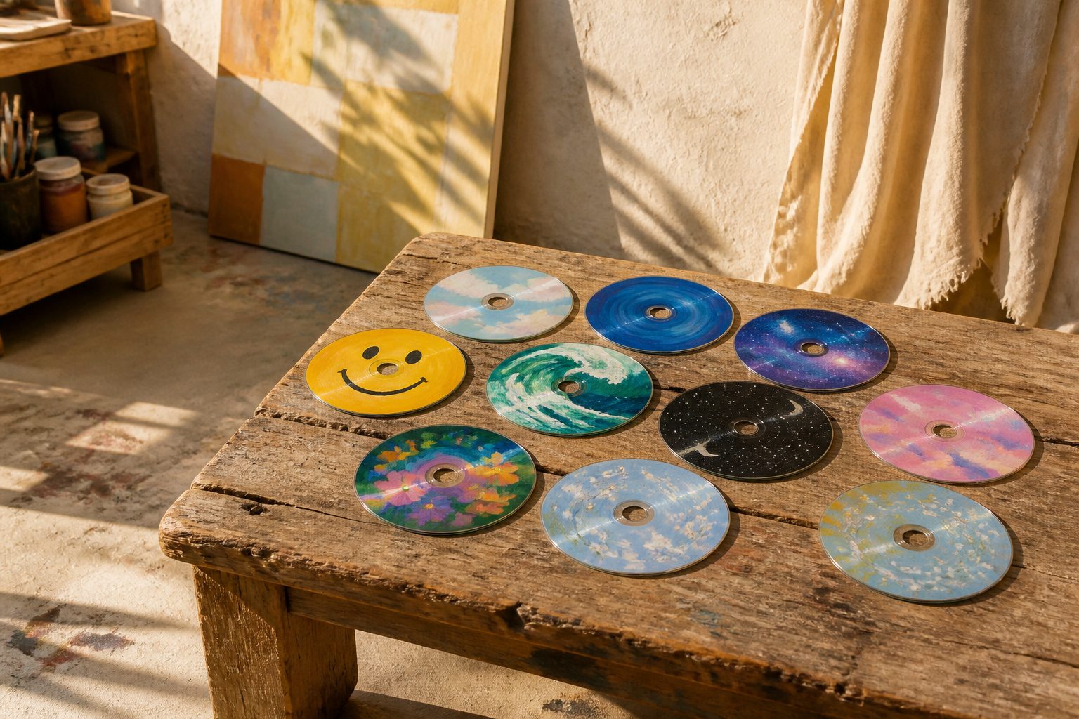 Multiple painted CDs display diverse artistic designs and colors.
