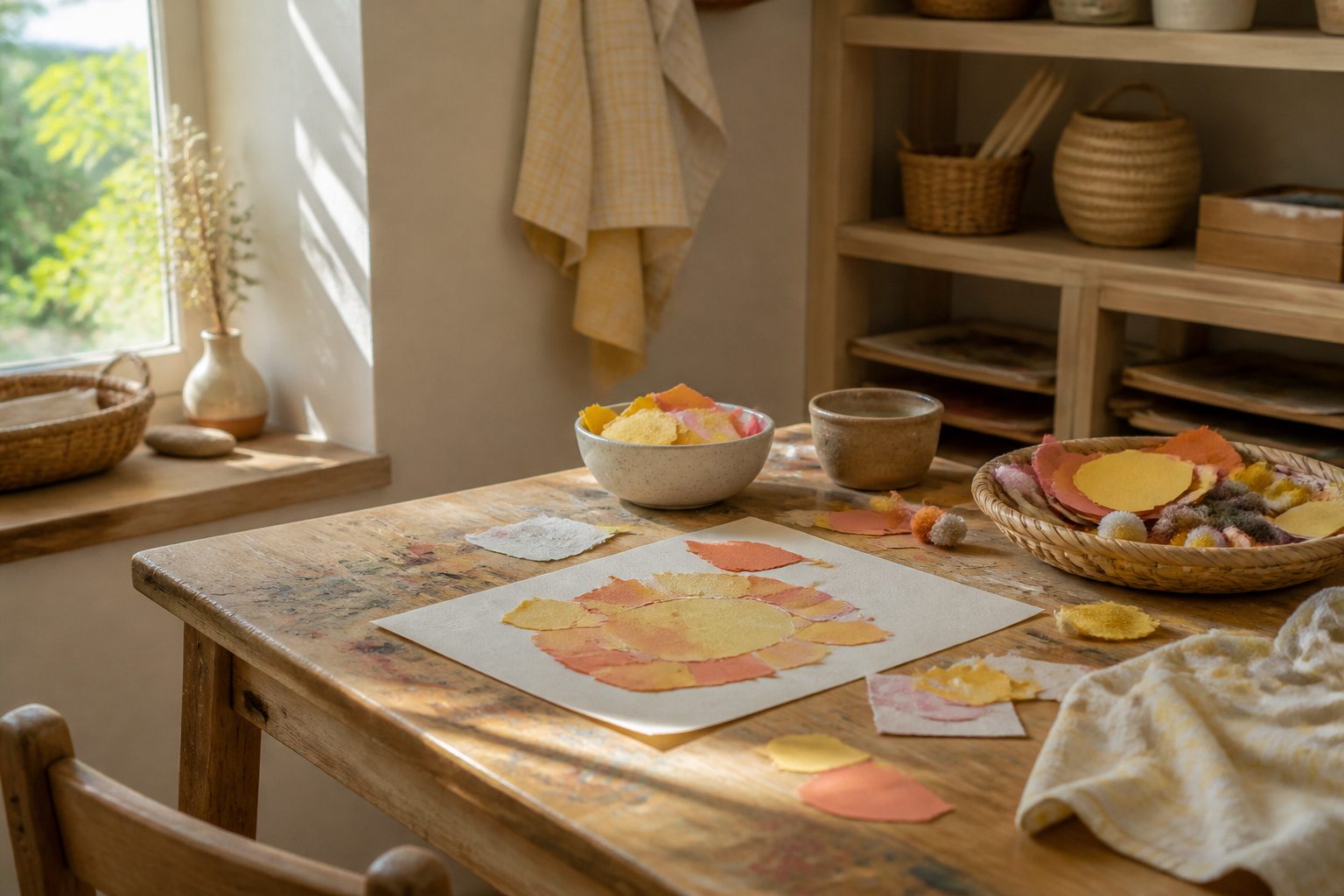 A variety of preschool crafts displayed on a table.