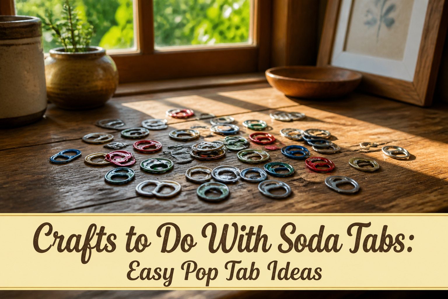 Various crafts made from aluminum soda tabs displayed together.