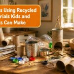 A collection of crafts using recycled materials in a colorful workspace.