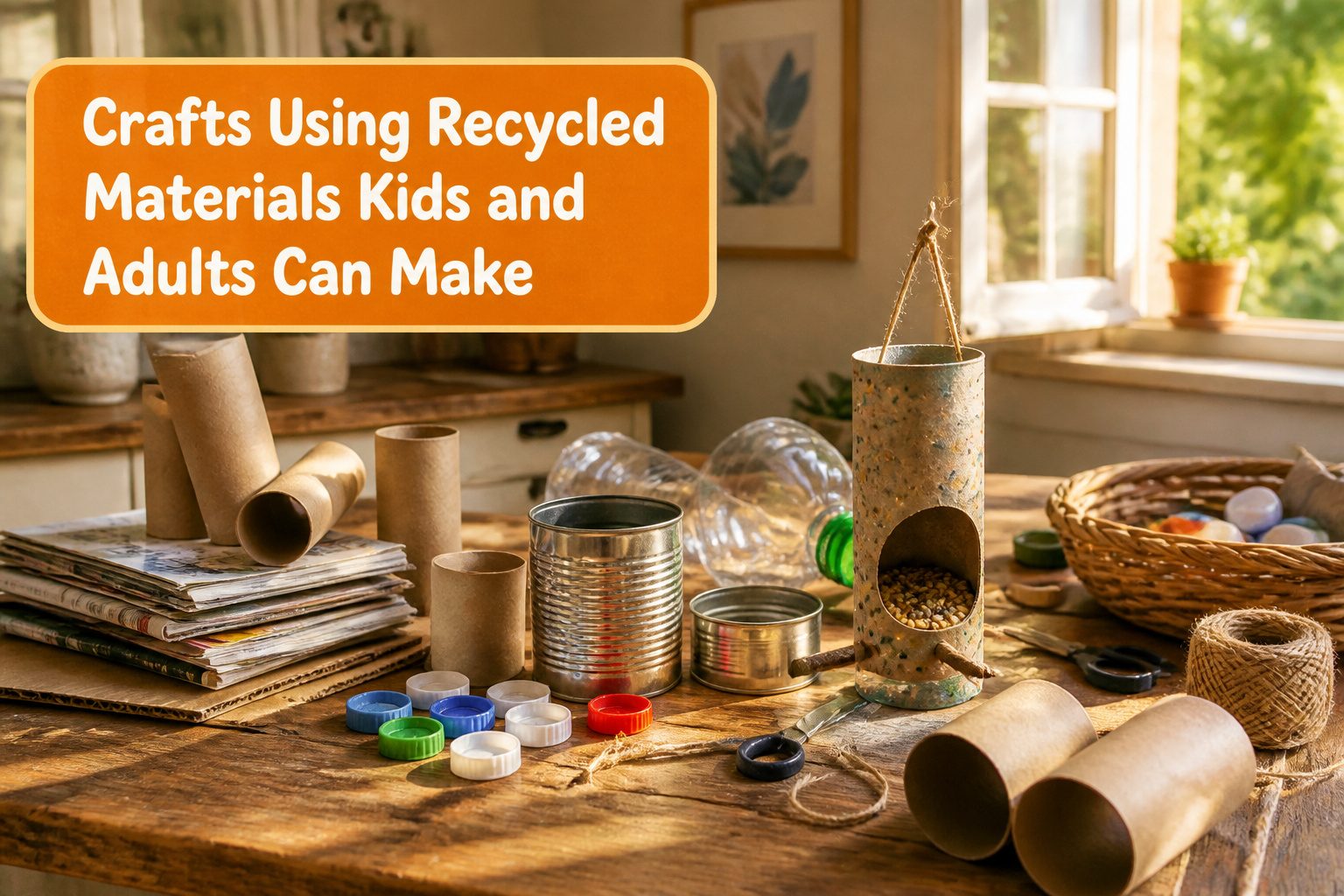 A collection of crafts using recycled materials in a colorful workspace.