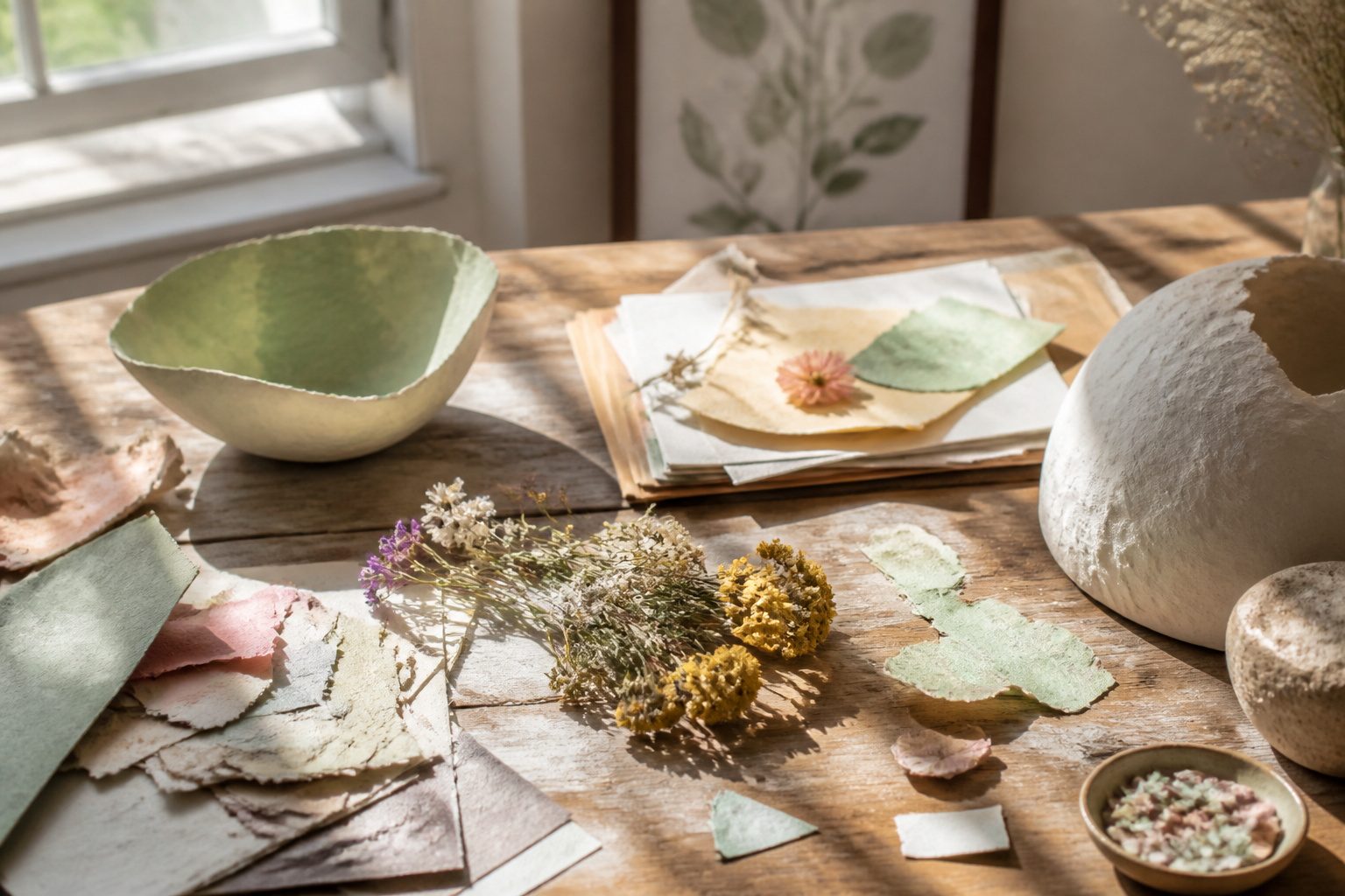 Various crafts displayed on a table, showcasing creativity with household items.