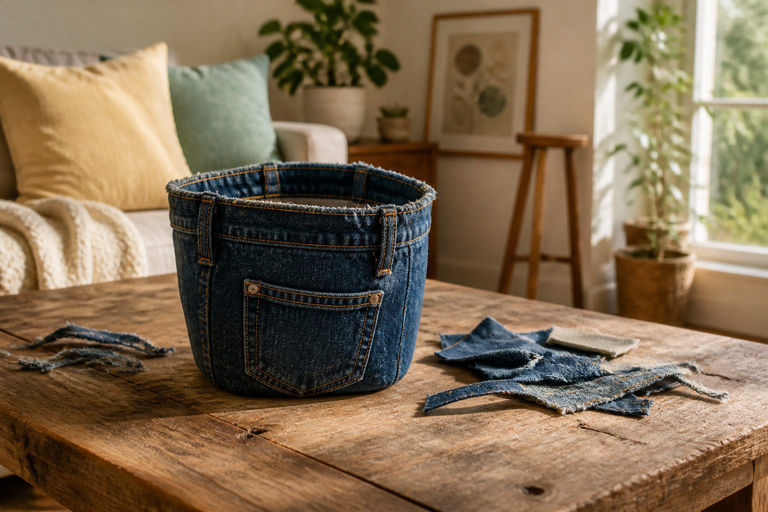 Multiple denim baskets of different sizes made from old jeans.