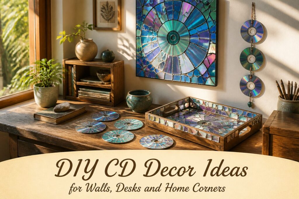 Colorful DIY CD decor projects displayed artistically.