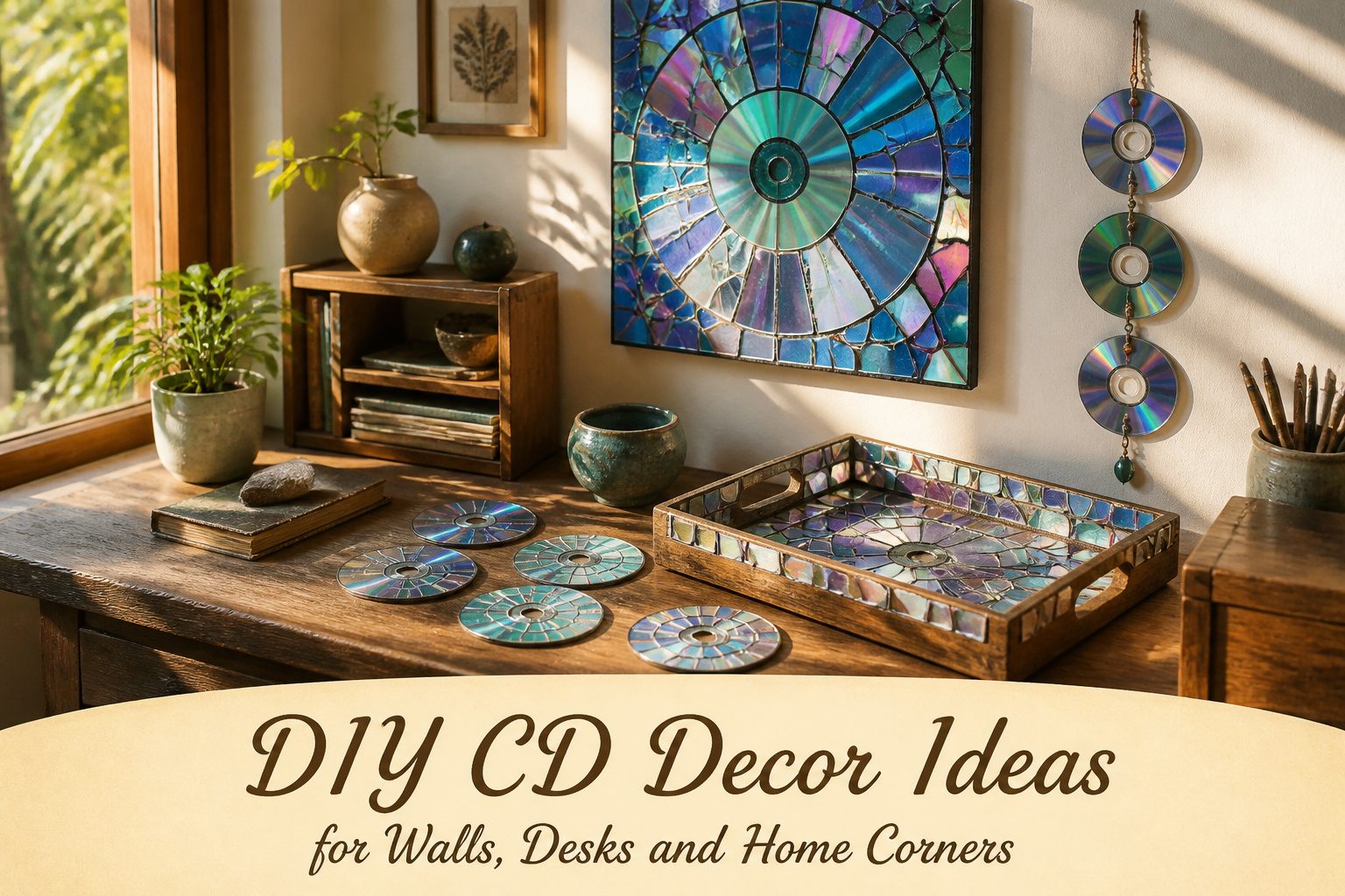 Colorful DIY CD decor projects displayed artistically.