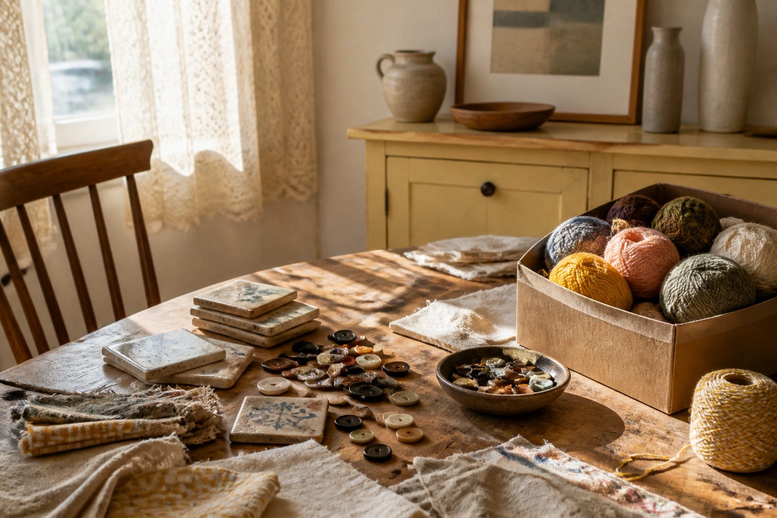 Various DIY home crafts materials and completed projects on a table.