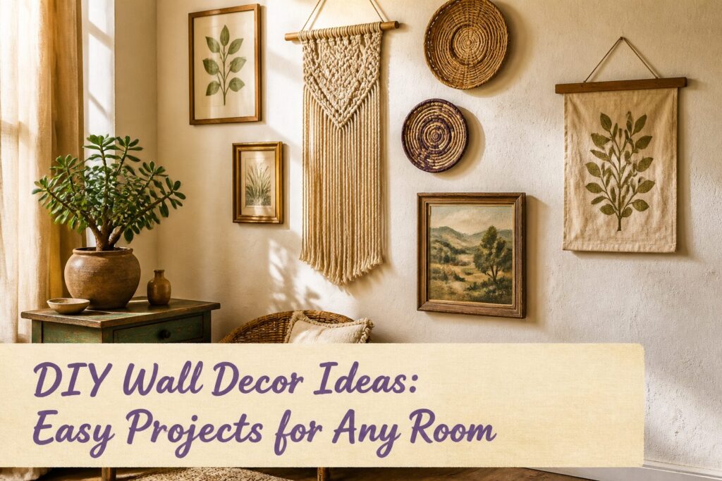 Various DIY wall decor projects arranged in a well-lit space.