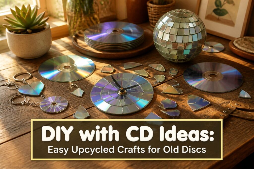 Various DIY crafts made from old CDs displayed together.