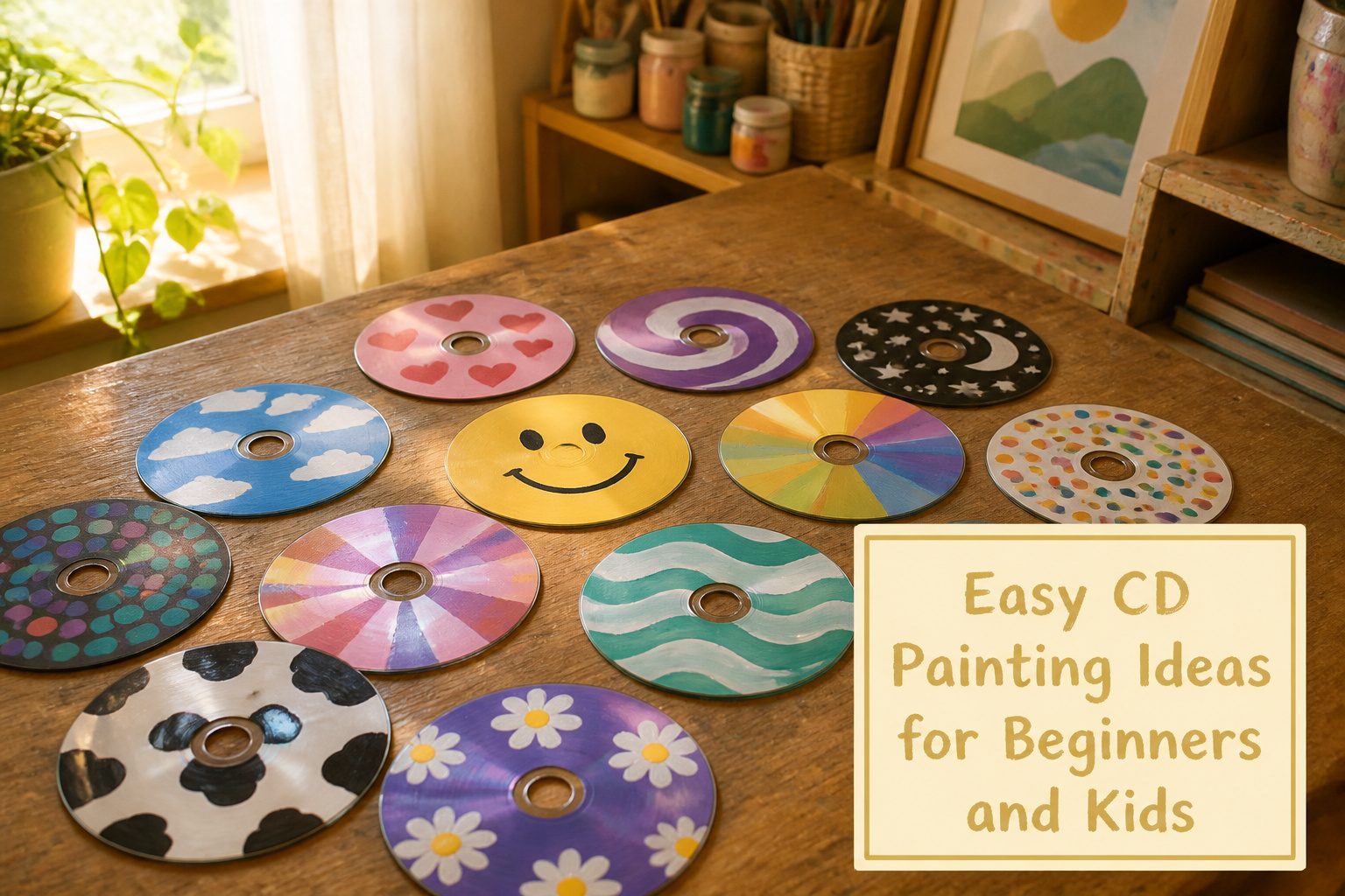 A collection of painted CDs with various colorful designs.