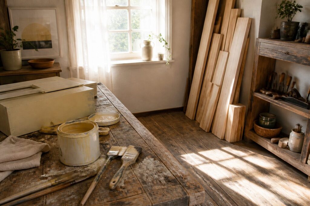 Various DIY furniture projects displayed in a bright, inviting space.