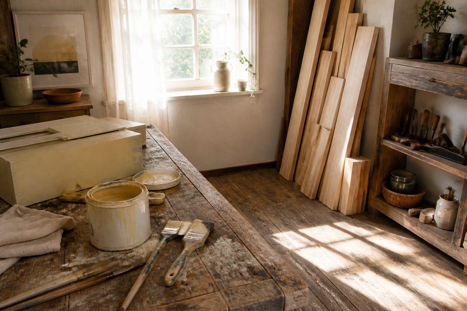 Various DIY furniture projects displayed in a bright, inviting space.