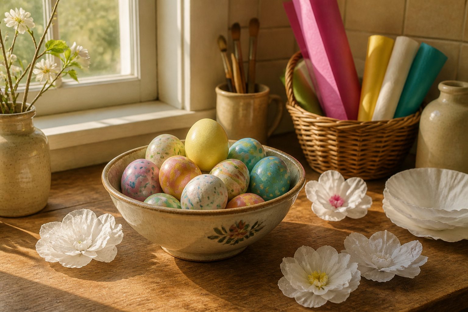 A variety of spring crafts displayed on a table.