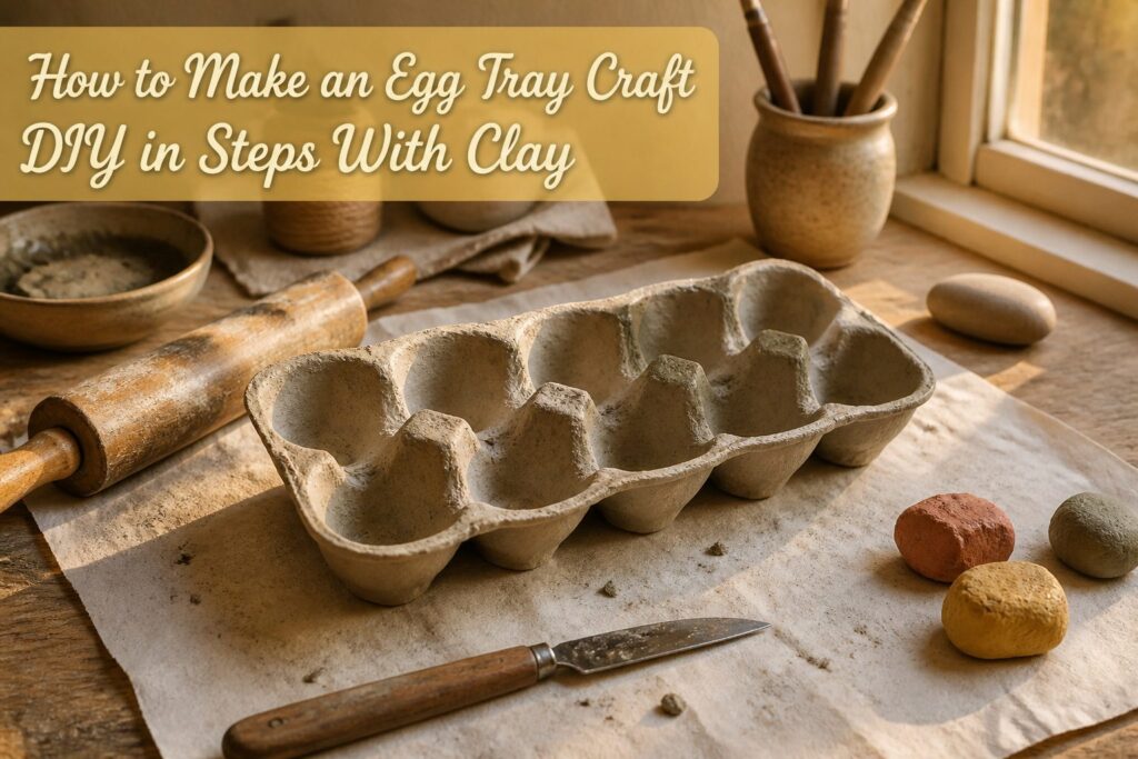 Handcrafted clay egg tray displayed on a wooden surface.