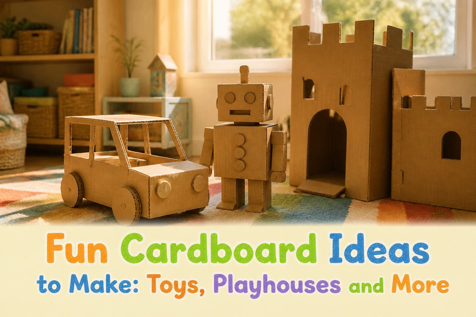 A collage of various cardboard projects for kids including toys and playhouses.