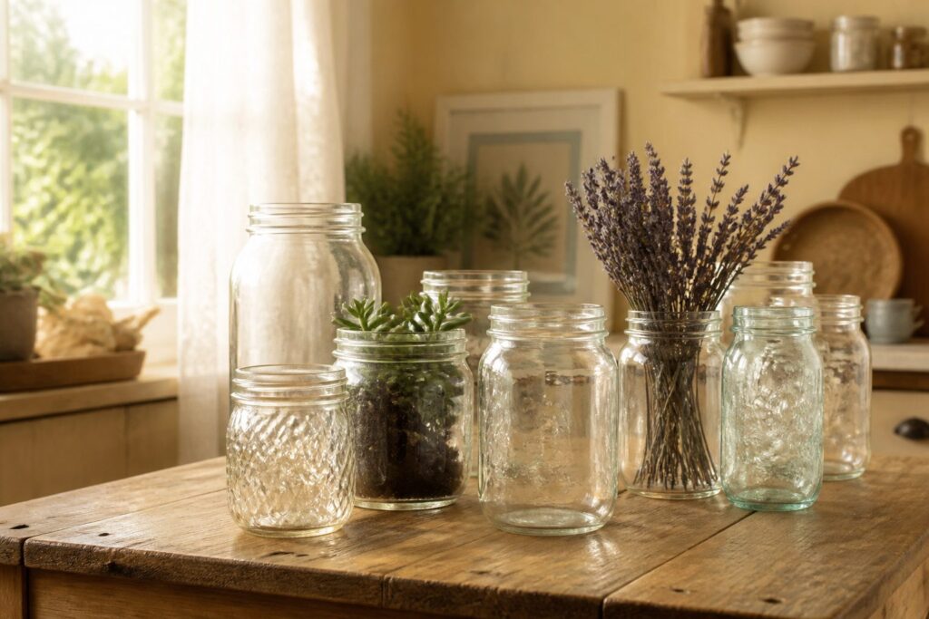 Various glass jars displaying different DIY projects for home and garden.