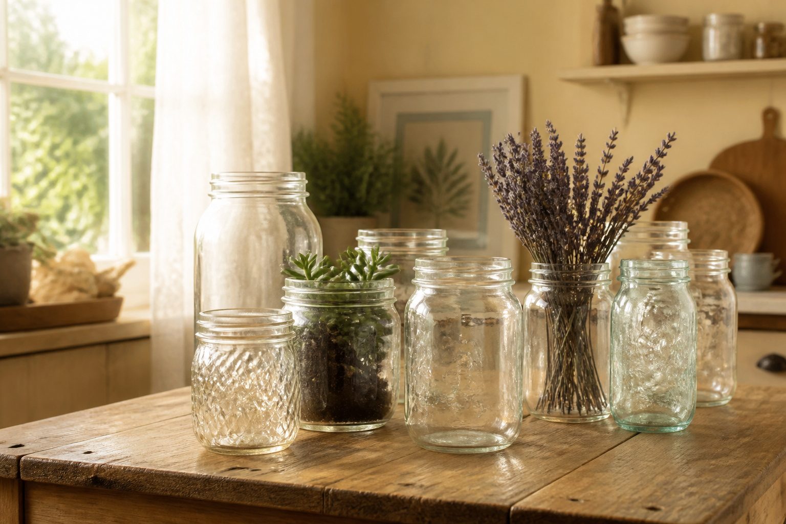Various glass jars displaying different DIY projects for home and garden.
