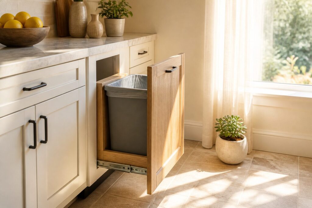 A collage of different kitchen trash can styles and designs.