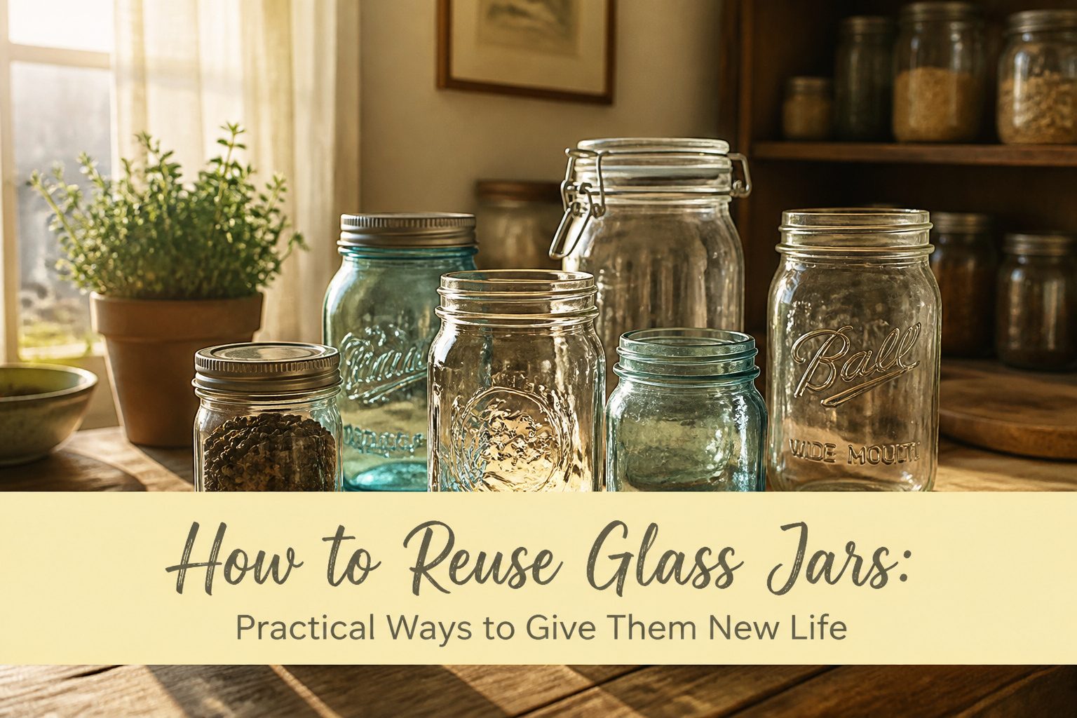 Various glass jars arranged on a wooden surface filled with different contents.