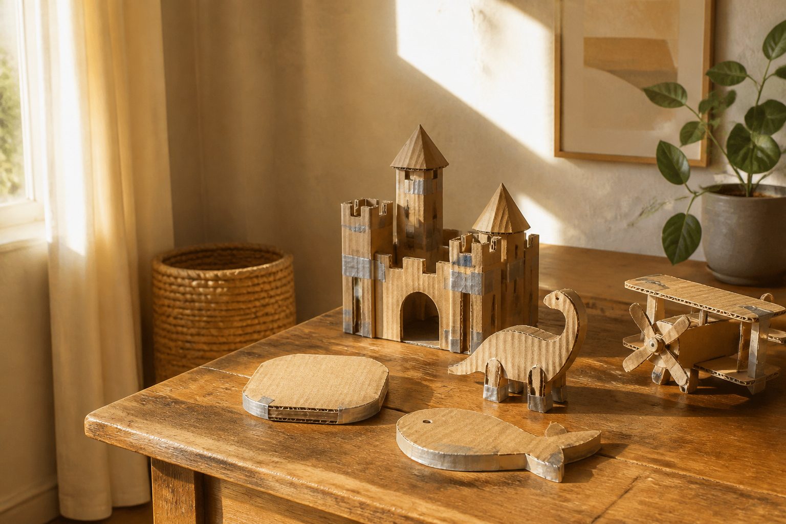 A variety of cardboard crafts displayed on a table, showcasing creativity.