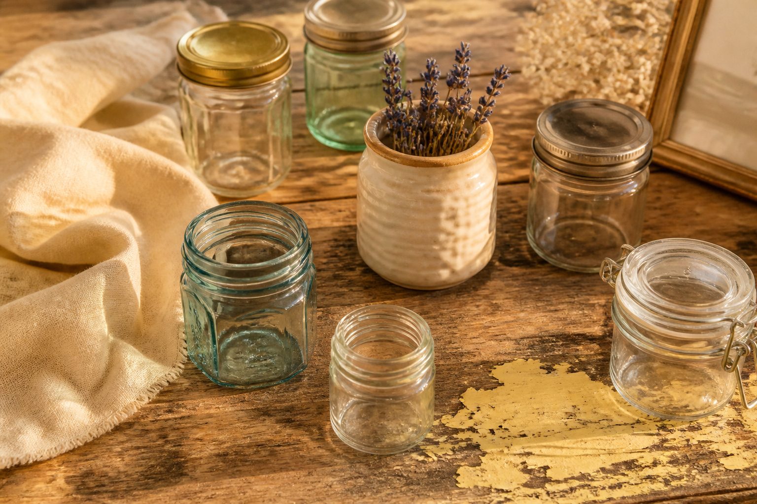 Various mini jars filled with crafts for home decor and gifts.