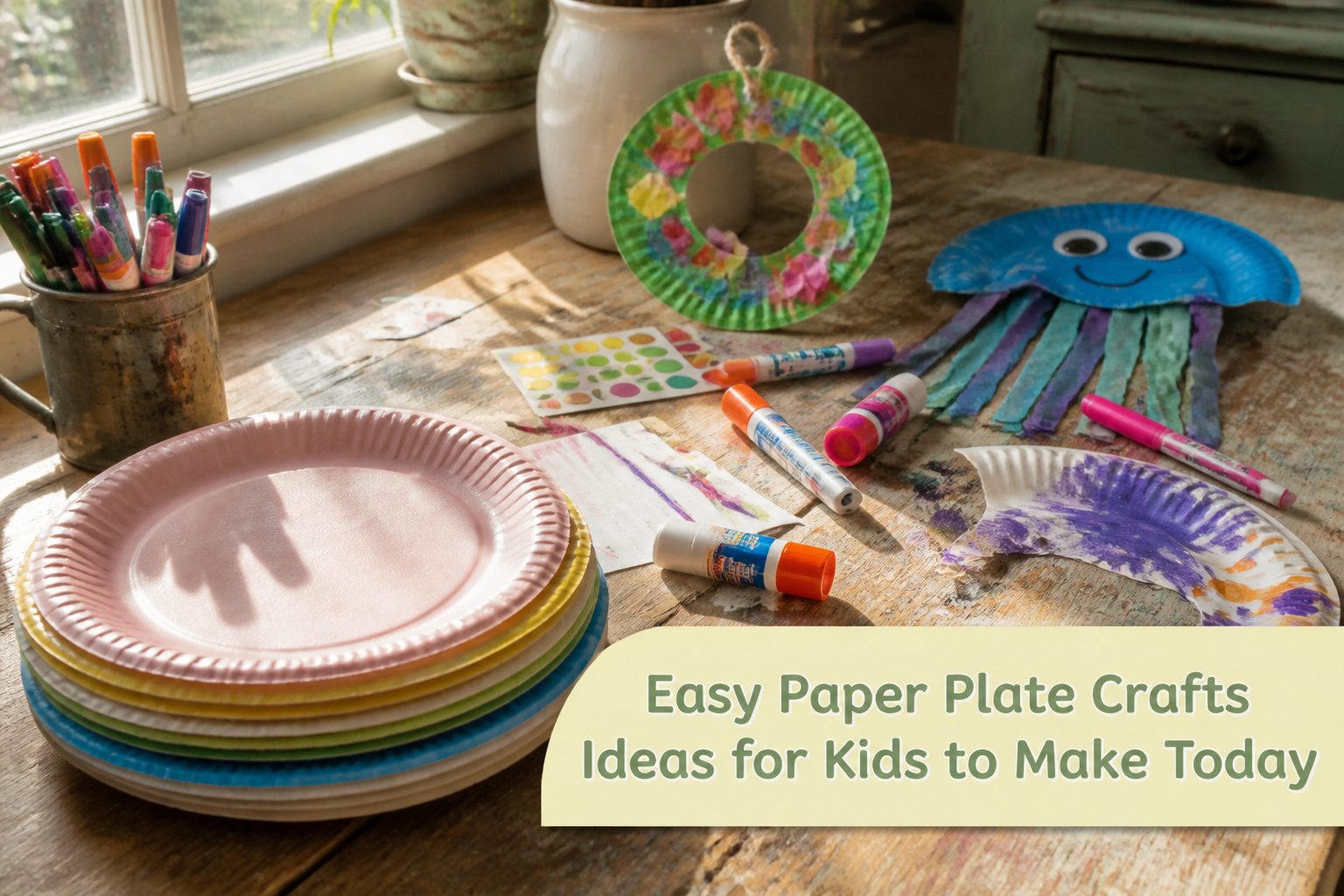 A variety of colorful paper plate crafts displayed on a table.